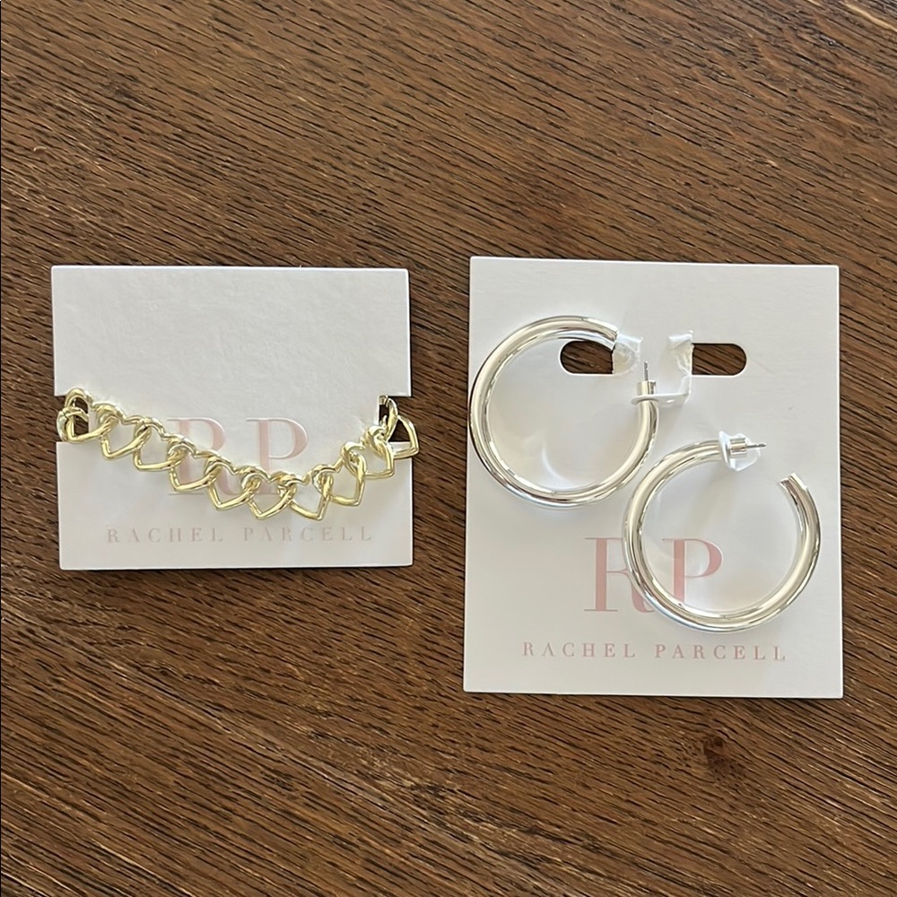 NEW Rachel Parcell Gold Heart Bracelet and White Gold Dipped Hoop Earrings